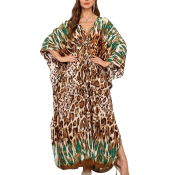 Women’s Plus Size Brown Leopard Green Trim Bohemian Caftan Maxi Dress Beach Swimsuit Cover Up
