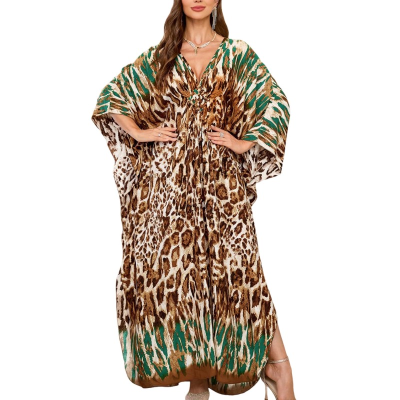 Women's Plus Size Brown Leopard Bohemian Caftan Maxi Dress Cover Up Women's Plus Size Brown Leopard Green Trim Bohemian Caftan Beach Cover Up