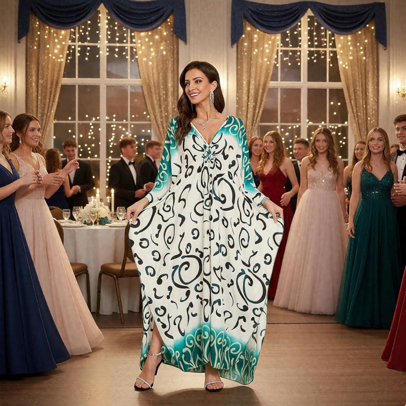 Women’s Plus Size Bohemian Maxi Caftan Dress Beach Cover Up Women’s Plus Size Bohemian Maxi Caftan Dress Beach Swimsuit Cover Up Ivory Black Abstract Swirls