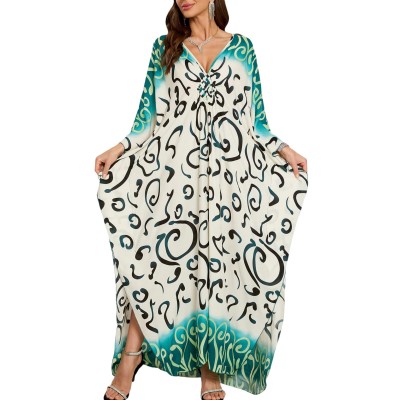 Women’s Plus Size Bohemian Maxi Caftan Dress Beach Cover Up Women’s Plus Size Bohemian Maxi Caftan Dress Beach Swimsuit Cover Up Ivory Black Abstract Swirls