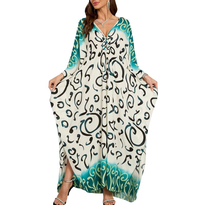 Women’s Plus Size Bohemian Maxi Caftan Dress Beach Cover Up Women’s Plus Size Bohemian Maxi Caftan Dress Beach Swimsuit Cover Up Ivory Black Abstract Swirls