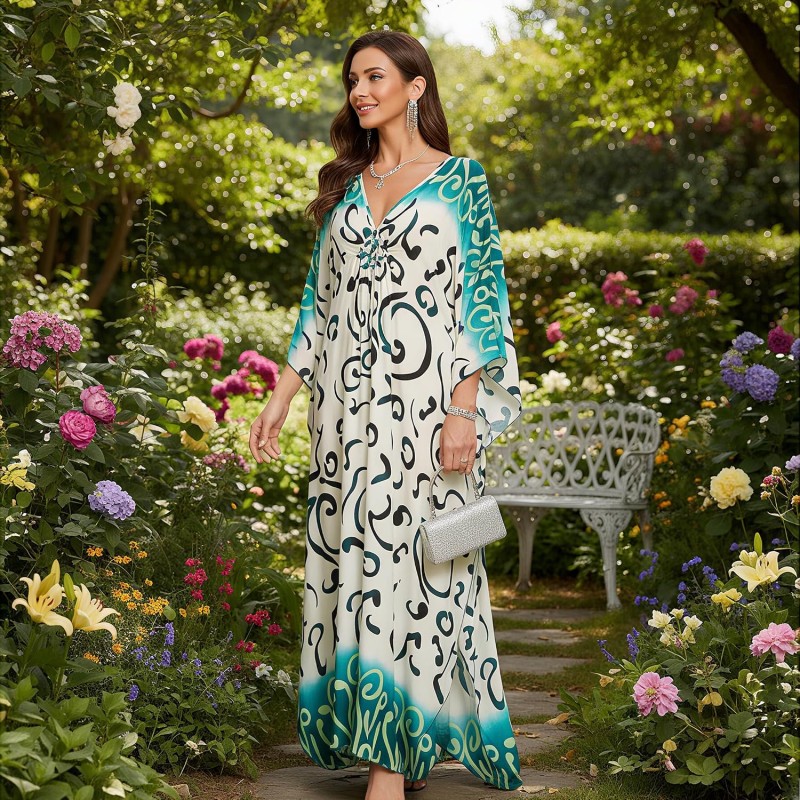 Women’s Plus Size Bohemian Maxi Caftan Dress Beach Cover Up Women’s Plus Size Bohemian Maxi Caftan Dress Beach Swimsuit Cover Up Ivory Black Abstract Swirls