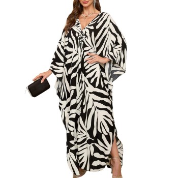 Women’s Plus Size Bohemian Caftan Maxi Dress Black White Leaf Swimsuit Cover Up Beach Loungewear