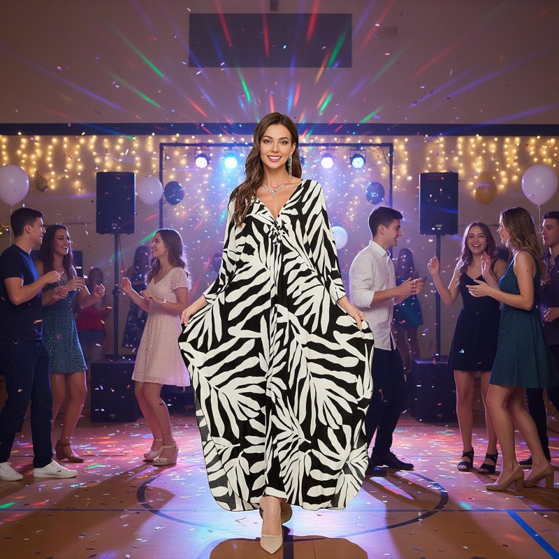 Women’s Plus Size Black White Leaf Bohemian Caftan Maxi Dress