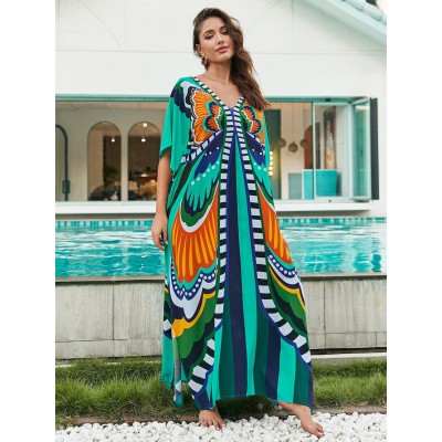 Plus Size Boho Butterfly Print Kaftan Beach Cover Up Women's Plus Size Boho Butterfly Print Batwing Sleeve Kaftan Beach Swimsuit Cover Up