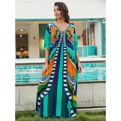 Plus Size Boho Butterfly Print Kaftan Beach Cover Up Women's Plus Size Boho Butterfly Print Batwing Sleeve Kaftan Beach Swimsuit Cover Up