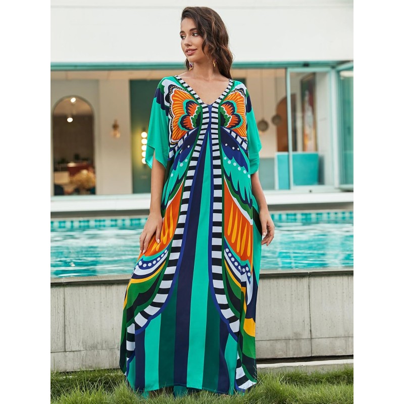 Plus Size Boho Butterfly Print Kaftan Beach Cover Up Women's Plus Size Boho Butterfly Print Batwing Sleeve Kaftan Beach Swimsuit Cover Up