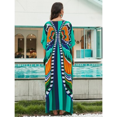 Plus Size Boho Butterfly Print Kaftan Beach Cover Up Women's Plus Size Boho Butterfly Print Batwing Sleeve Kaftan Beach Swimsuit Cover Up