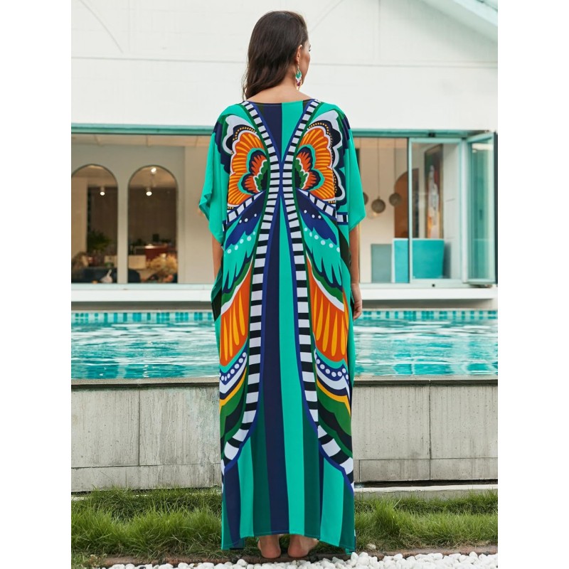 Plus Size Boho Butterfly Print Kaftan Beach Cover Up Women's Plus Size Boho Butterfly Print Batwing Sleeve Kaftan Beach Swimsuit Cover Up