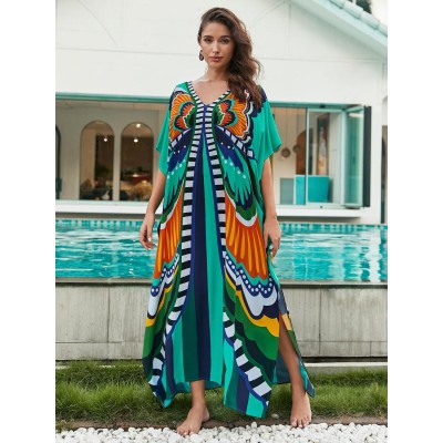 Plus Size Boho Butterfly Print Kaftan Beach Cover Up Women's Plus Size Boho Butterfly Print Batwing Sleeve Kaftan Beach Swimsuit Cover Up