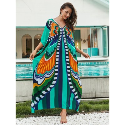 Plus Size Boho Butterfly Print Kaftan Beach Cover Up Women's Plus Size Boho Butterfly Print Batwing Sleeve Kaftan Beach Swimsuit Cover Up