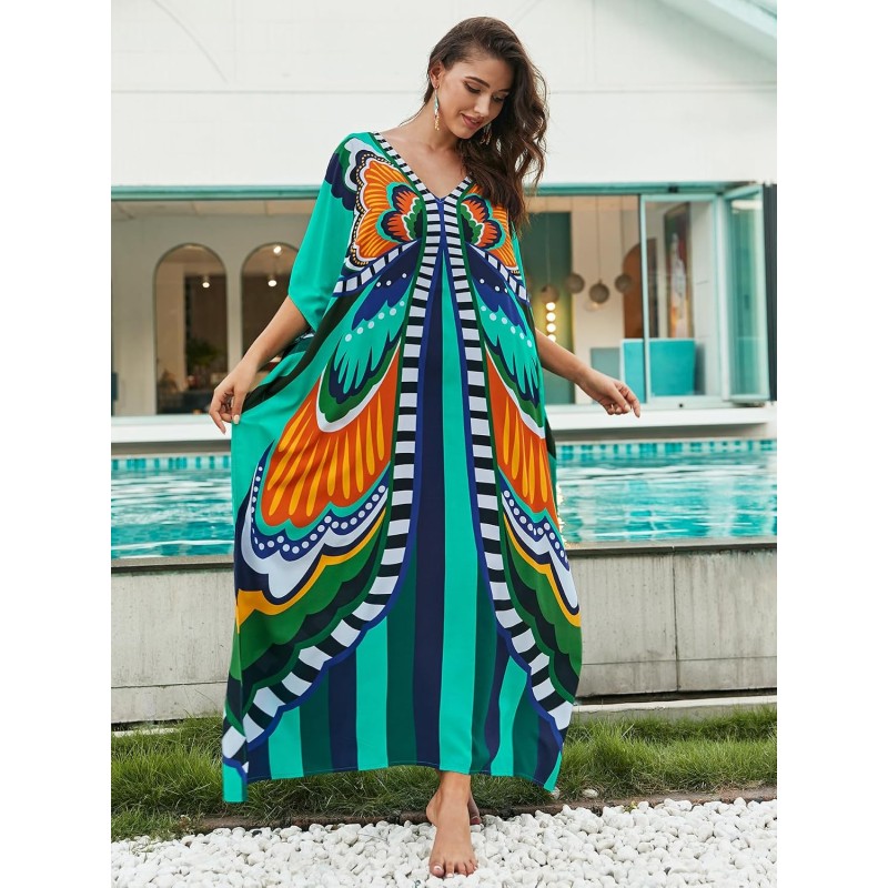 Plus Size Boho Butterfly Print Kaftan Beach Cover Up Women's Plus Size Boho Butterfly Print Batwing Sleeve Kaftan Beach Swimsuit Cover Up