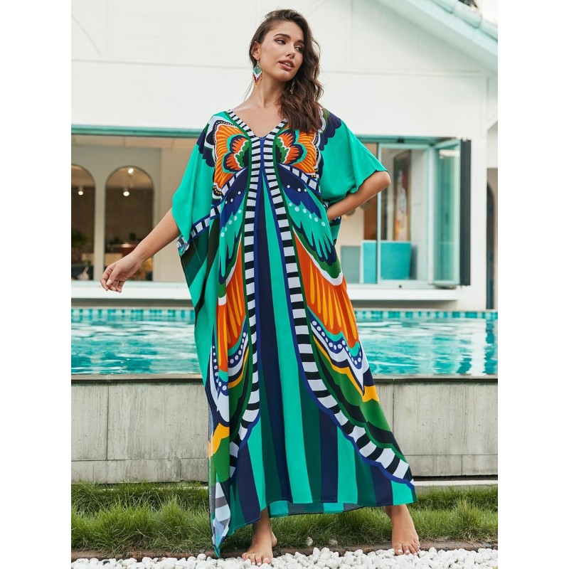 Plus Size Boho Butterfly Print Kaftan Beach Cover Up Women's Plus Size Boho Butterfly Print Batwing Sleeve Kaftan Beach Swimsuit Cover Up