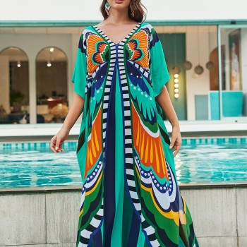 Women Plus Size Boho Butterfly Print Batwing Sleeve Kaftan – Beach Swimsuit Cover Up Maxi Loungewear