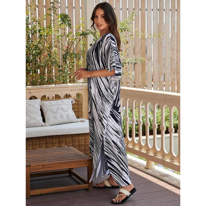 Plus Size Boho Rock Print Kaftan Dress Beach Cover Up Plus size women’s boho rock print kaftan dress beach swimsuit cover up