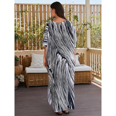 Plus Size Boho Rock Print Kaftan Dress Beach Cover Up Plus size women’s boho rock print kaftan dress beach swimsuit cover up