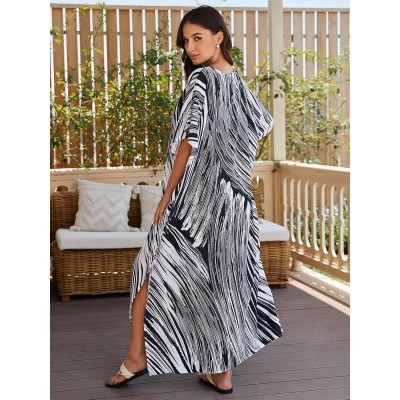 Plus Size Boho Rock Print Kaftan Dress Beach Cover Up Plus size women’s boho rock print kaftan dress beach swimsuit cover up