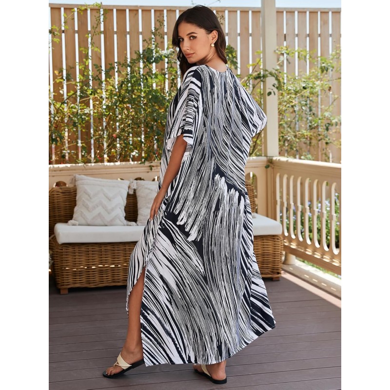 Plus Size Boho Rock Print Kaftan Dress Beach Cover Up Plus size women’s boho rock print kaftan dress beach swimsuit cover up
