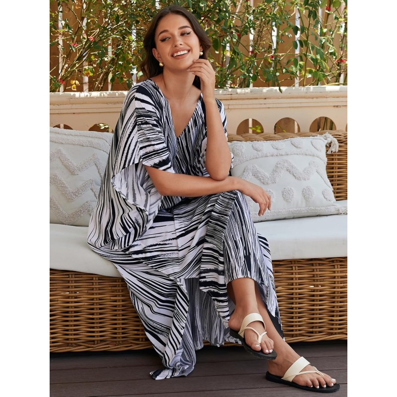 Plus Size Boho Rock Print Kaftan Dress Beach Cover Up Plus size women’s boho rock print kaftan dress beach swimsuit cover up