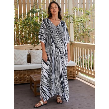 Plus Size Women’s Boho Rock Print Kaftan Dress Beach Swimsuit Cover Up Batwing Sleeve Maxi Loungewear