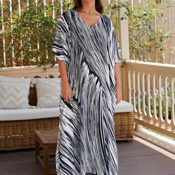 Plus Size Women’s Boho Rock Print Kaftan Dress Beach Swimsuit Cover Up Batwing Sleeve Maxi Loungewear