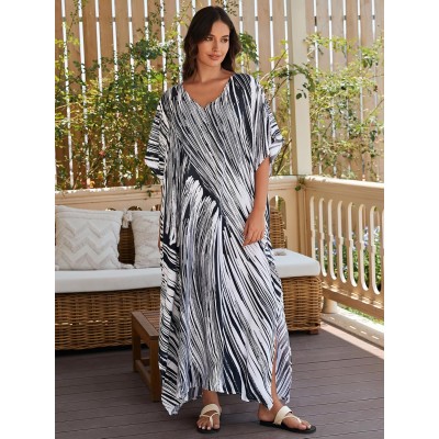 Plus Size Boho Rock Print Kaftan Dress Beach Cover Up Plus size women’s boho rock print kaftan dress beach swimsuit cover up