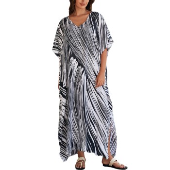 Plus Size Women’s Boho Rock Print Kaftan Dress Beach Swimsuit Cover Up Batwing Sleeve Maxi Loungewear