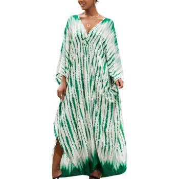 Plus Size Bohemian Caftan Dress Minted Breeze Loose Fit Floral Beach Kimono Bathing Suit Coverup