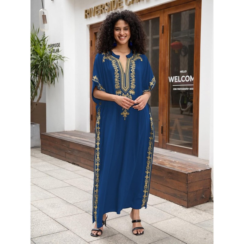 Plus Size Blue Bohemian Floral Batwing Kaftan Swim Cover Up