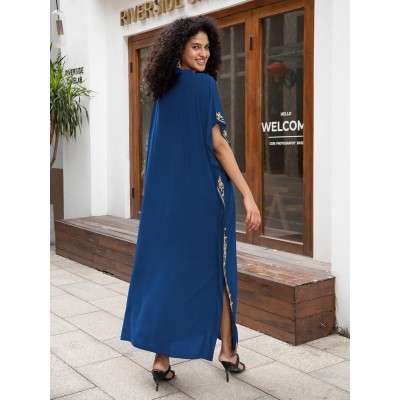 Plus Size Blue Bohemian Floral Batwing Kaftan Swim Cover Up