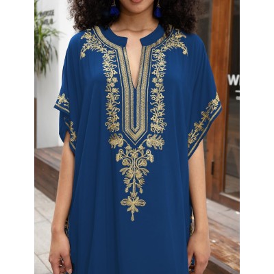 Plus Size Blue Bohemian Floral Batwing Kaftan Swim Cover Up