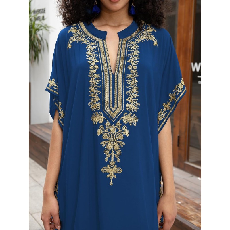 Plus Size Blue Bohemian Floral Batwing Kaftan Swim Cover Up