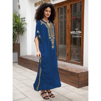Plus Size Blue Bohemian Floral Batwing Kaftan Swim Cover Up
