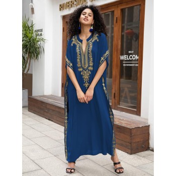 Plus Size Bohemian Floral Batwing Kaftan Maxi Swim Cover Up Blue for Resort Vacation Loungewear