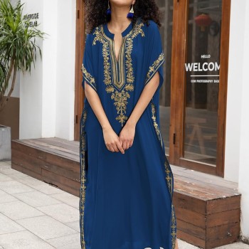 Plus Size Bohemian Floral Batwing Kaftan Maxi Swim Cover Up Blue for Resort Vacation Loungewear