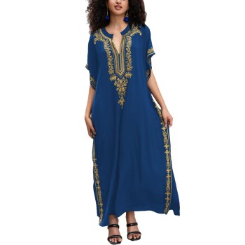 Plus Size Bohemian Floral Batwing Kaftan Maxi Swim Cover Up Blue for Resort Vacation Loungewear