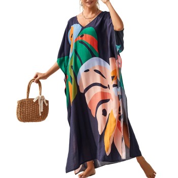 Plus Size Women’s Kaftan Dress Maxi Swim Cover Up Bohemian Floral Print Resort Vacation Loungewear