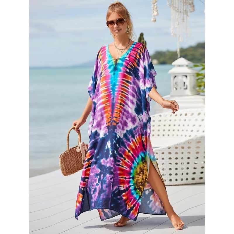 Plus Size Boho Floral Kaftan Maxi Cover Up Swimwear Plus Size Boho Floral Kaftan Maxi Cover Up Swimwear with Batwing Sleeves