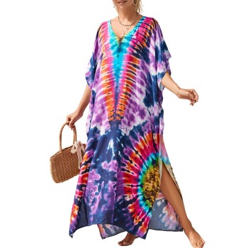 Plus Size Boho Floral Kaftan Maxi Cover Up Batwing Sleeves Swimwear Resort Vacation Cosmic Radiance