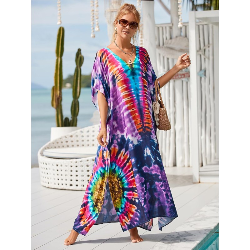 Plus Size Boho Floral Kaftan Maxi Cover Up Swimwear Plus Size Boho Floral Kaftan Maxi Cover Up Swimwear with Batwing Sleeves