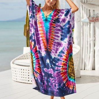 Plus Size Boho Floral Kaftan Maxi Cover Up Batwing Sleeves Swimwear Resort Vacation Cosmic Radiance