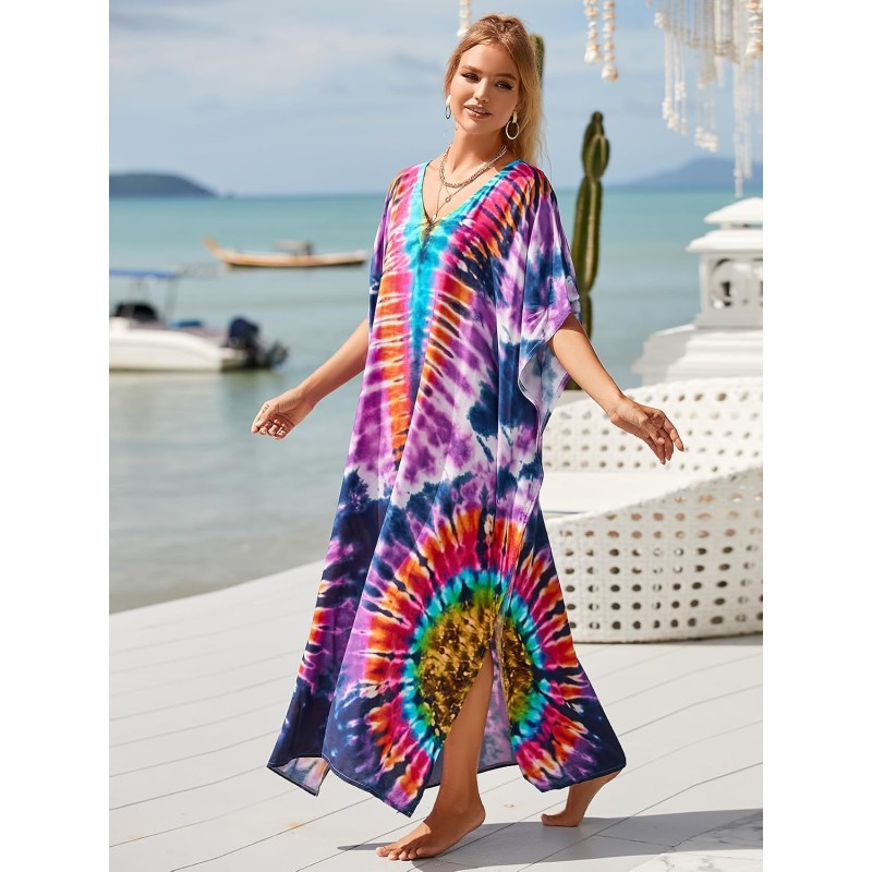 Plus Size Boho Floral Kaftan Maxi Cover Up Swimwear Plus Size Boho Floral Kaftan Maxi Cover Up Swimwear with Batwing Sleeves