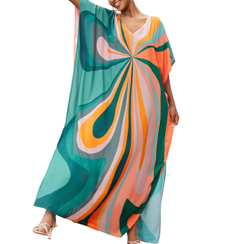 Plus Size Bohemian Floral Kaftan Maxi Swim Cover Up