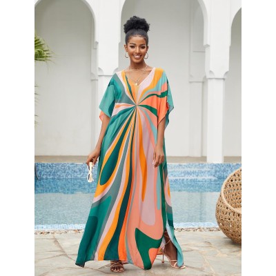 Plus Size Bohemian Floral Kaftan Maxi Swim Cover Up