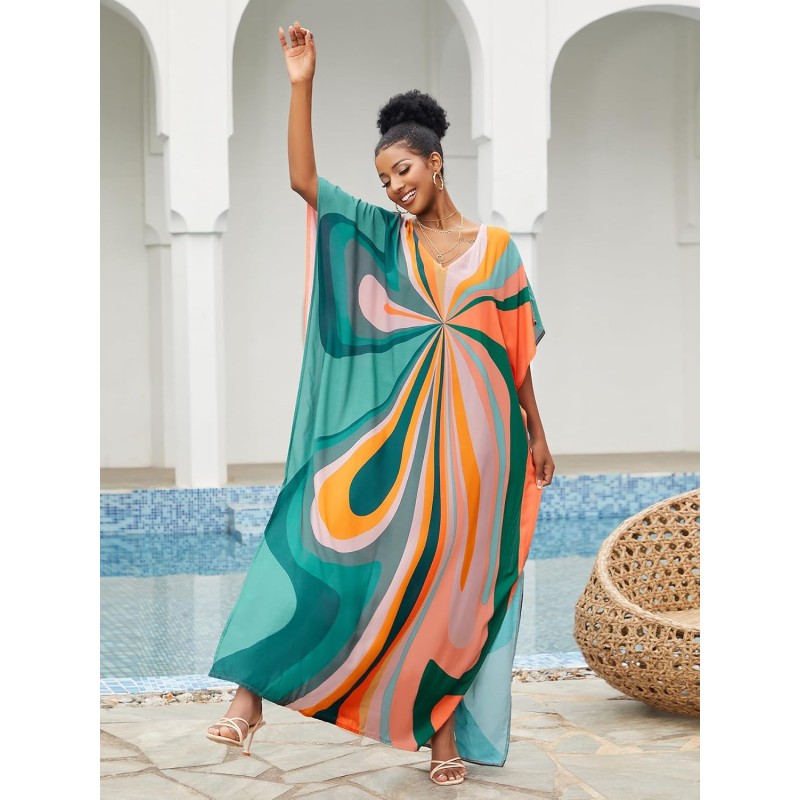 Plus Size Bohemian Floral Kaftan Maxi Swim Cover Up