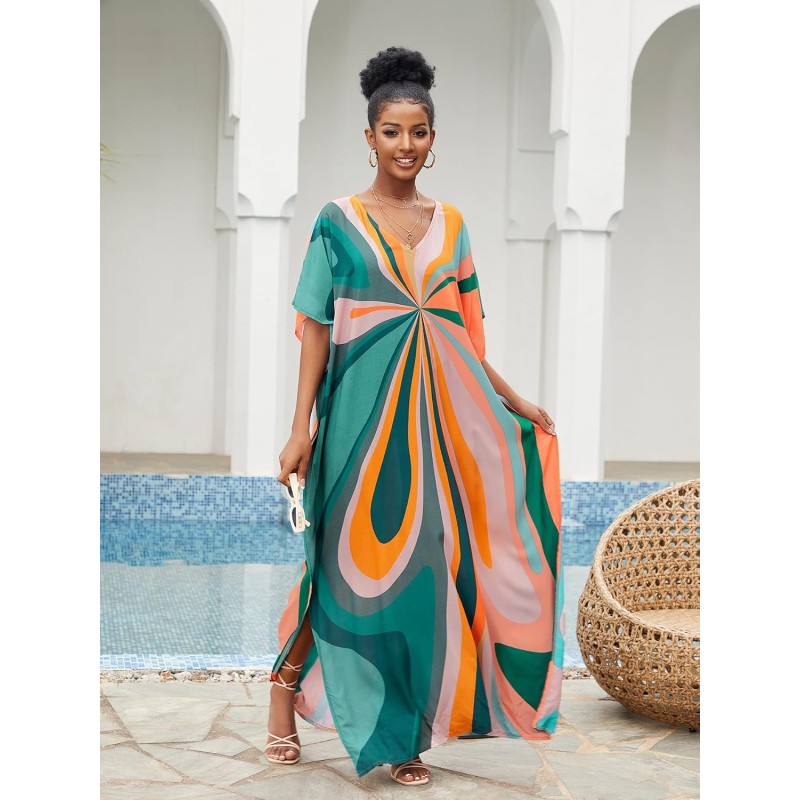 Plus Size Bohemian Floral Kaftan Maxi Swim Cover Up