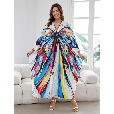 Plus Size Bohemian Caftan Dress Butterfly Print Beach Coverup Plus Size Bohemian Butterfly Print Caftan Dress Beach Bathing Suit Coverup