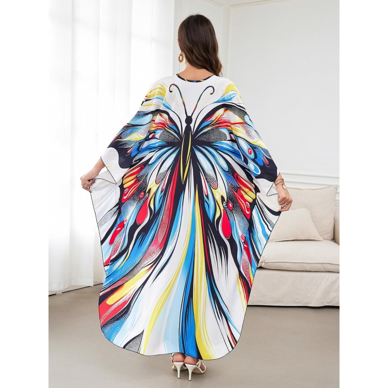 Plus Size Bohemian Caftan Dress Butterfly Print Beach Coverup Plus Size Bohemian Butterfly Print Caftan Dress Beach Bathing Suit Coverup