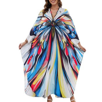 Plus Size Bohemian Caftan Dress Butterfly Print Beach Bathing Suit Coverup Loose Fit Summer