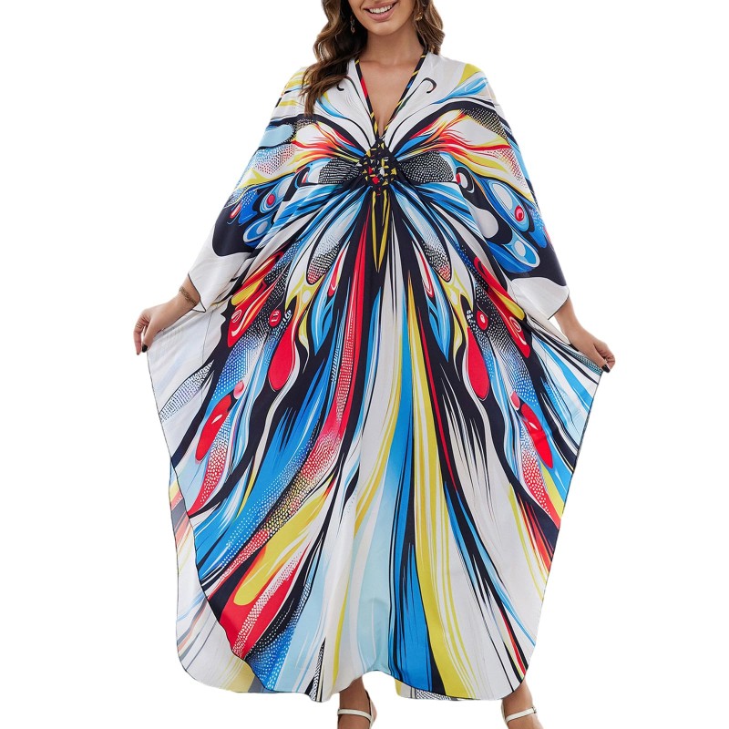Plus Size Bohemian Caftan Dress Butterfly Print Beach Coverup Plus Size Bohemian Butterfly Print Caftan Dress Beach Bathing Suit Coverup